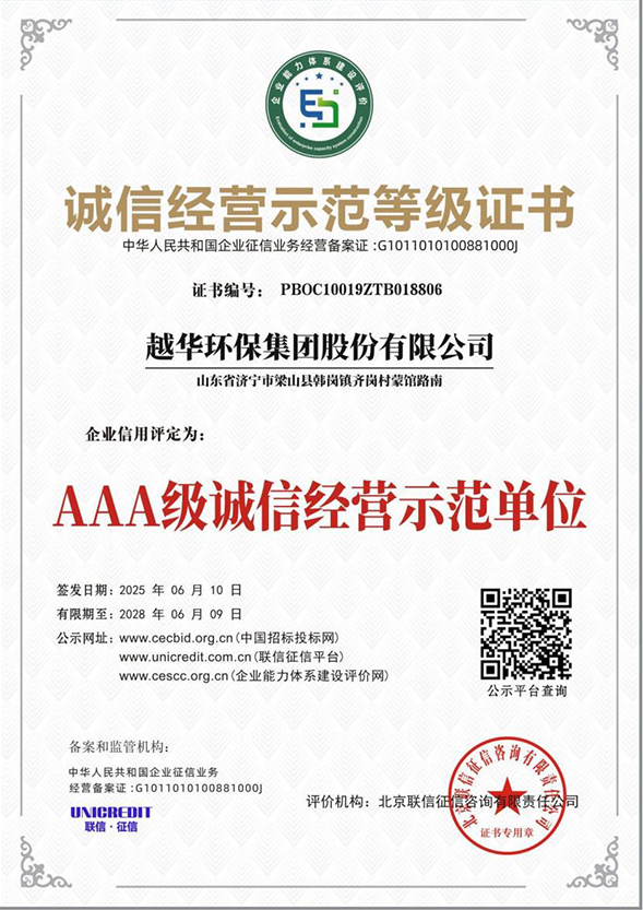 诚信经营示范等级证书
